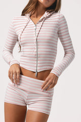 Ribbed Jersey Cropped Hoodie in Pink Stripe