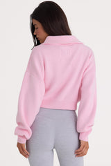 Ribbed Knit Zip-Up Cropped Sweatshirt in Pale Pink