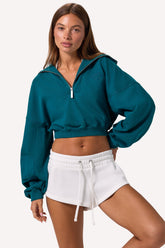 Quarter-Zip Cropped Sweatshirt in Teal