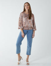 Leopard Print Round Neck Batwing Shirred Hemband Top