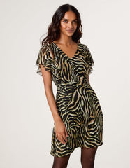 Animal Print Frill V Neck Mini Mesh Dress