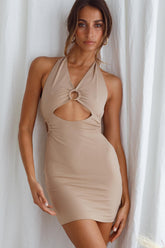 Just Like Magic Halterneck Cut-Out Mini Dress Taupe