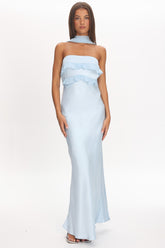 Damsel Reverse Halter Frill Trim Maxi Dress Baby Blue