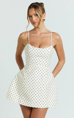 Carolina Mini Dress - Scoop Neck Panel Bodice Dress in White Polka Dot