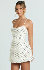 Carolina Mini Dress - Scoop Neck Panel Bodice Dress in White Polka Dot