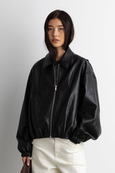 PUFFED VEGAN LEATHER BOMBER JACKET WITH PLEATS