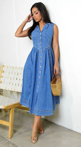 Hope Sleeveless Denim Midi Dress - Blue