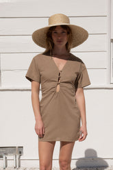 LINEN BLEND MINI DRESS WITH FRONT CUTOUT