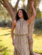 Paisley Print Rhinestone High Neck Midi Dress