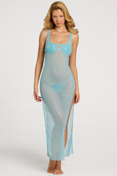 Pearl-Detail Cut-Out Maxi Dress in Turquoise