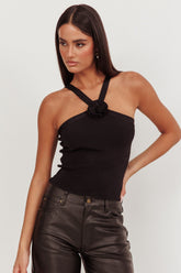 Anora Ribbed Rose Top Black