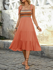 Joyful Retro Embroidered Midi Dress - orange