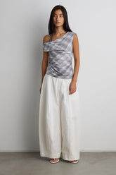 DRAPED CHECKERED COWL NECK TOP