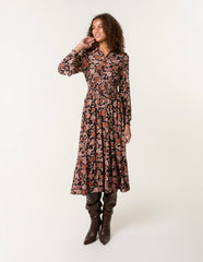 Floral Printed Shirred Waist Midi Shirt Dress
