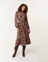 Floral Printed Shirred Waist Midi Shirt Dress