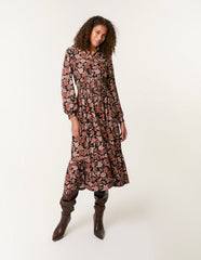 Floral Printed Shirred Waist Midi Shirt Dress