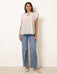 Cotton Embroidery Detail Ruffle Sleeve Top