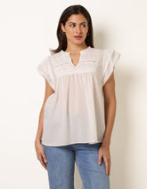 Cotton Embroidery Detail Ruffle Sleeve Top