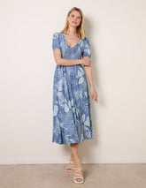 Shirred Button V Neck Midi Dress