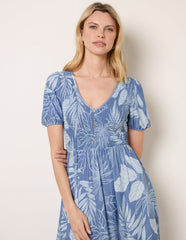 Shirred Button V Neck Midi Dress