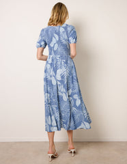 Shirred Button V Neck Midi Dress