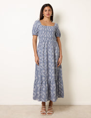 Embroidery Puff Sleeve Midi Dress