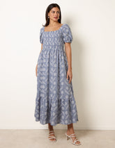 Embroidery Puff Sleeve Midi Dress