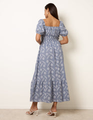 Embroidery Puff Sleeve Midi Dress