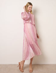 Zig Zag Metallic High Neck Puffball Pleated Dress
