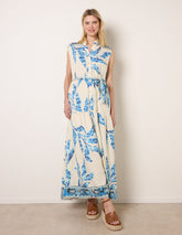 Leaf Print Collarless Shirt Dress With Belted Waist