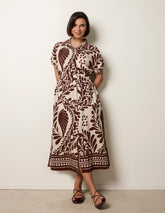Tropical Leaf Print Belted Shirt Dress