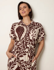 Tropical Leaf Print Belted Shirt Dress