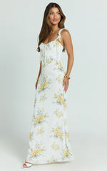 Mabel Maxi Dress - Georgette Frill Sleeve Sweetheart Bias Cut Dress in Antique Florals