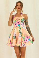 Golden Petal Woven Halter Mini Dress - Yellow Multi