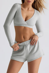 Brushed Jersey V-Neck Crop Top in Fog Grey