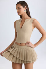 Layered Pleated Low-Rise Mini Skirt in Camel