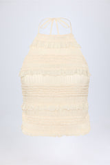 Ruffled High-Neck Backless Top in Ivory