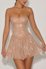 Embellished Strappy Skater Mini Dress in Almond