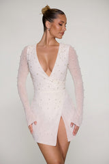 Embellished Wrap Over A-Line Mini Dress in Ivory