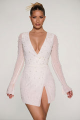 Embellished Wrap Over A-Line Mini Dress in Ivory