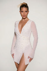 Embellished Wrap Over A-Line Mini Dress in Ivory