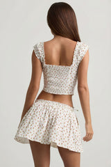 Ruched Cotton-Poplin Corset Top in Rose Print