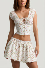 Ruched Cotton-Poplin Corset Top in Rose Print