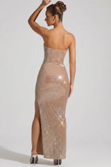 Embellished Strapless Plunge Gown in Almond