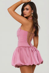 Halterneck Lace-Up Bubble Hem Corset Micro Mini Dress in Mauve