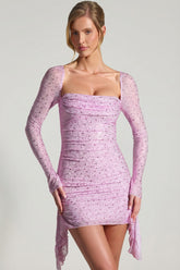 Embellished Draped Cowl-Neck Mini Dress in Peony Pink