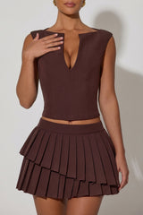 Layered Pleated Low-Rise Mini Skirt in Chocolate Brown