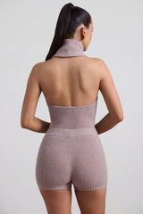 Ribbed-Knit Turtleneck Backless Top in Taupe