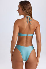 Pearl-Detail Cut-Out Halterneck Swimsuit in Turquoise