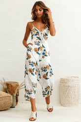 Call Me Wide-Leg Tied Bust Jumpsuit Floral Print White